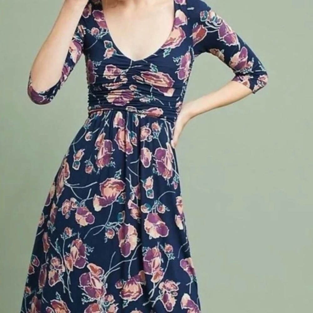 Anthropologie Maeve Midi Dress Floral Heppel Blue Purple Ruched Size Small - Picture 3 of 16